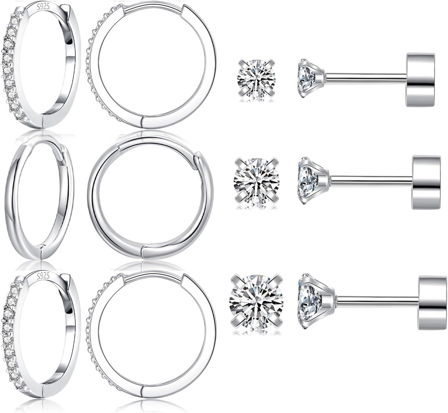 6-Piece Sterling Silver Huggie Earrings Set for Multiple Piercings