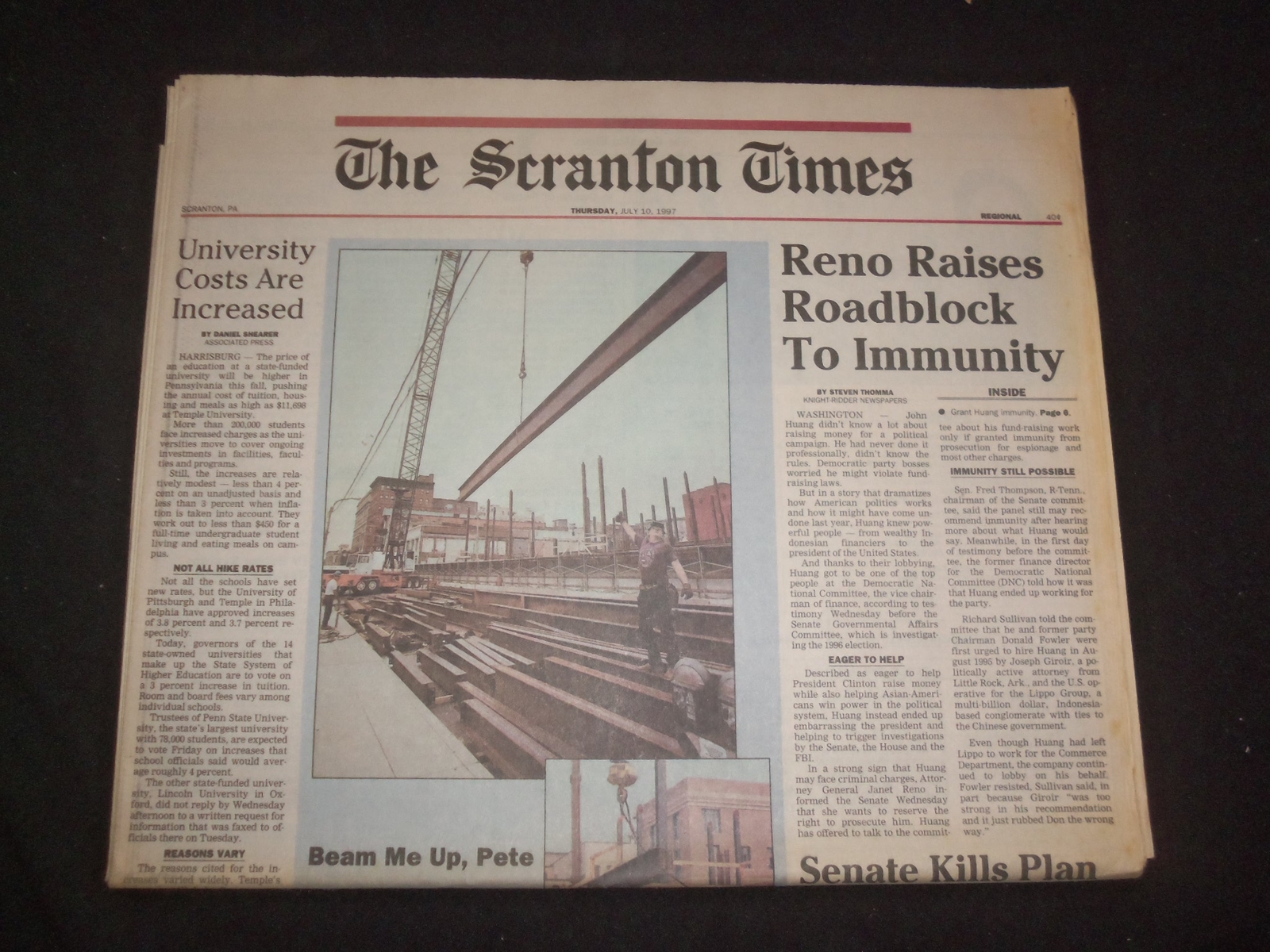 Scaton Paper 1997 JULY 10 THE SCRANTON TIMES NEWSPAPER-JANET RENO IMMUNITY ROADBLOCK ...