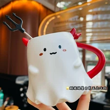 Starbucks Mugs 2021 Halloween Ghost Shaped Ceramic Mug w/ Iron Halberd Stir Rod