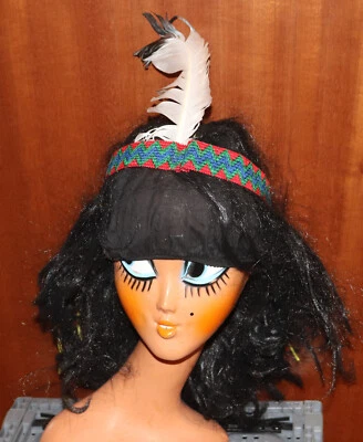 Indianer Perücke Schwarz, mit Kopfschmuck, Stirnband und Feder, Neu - Bild 1 von 2