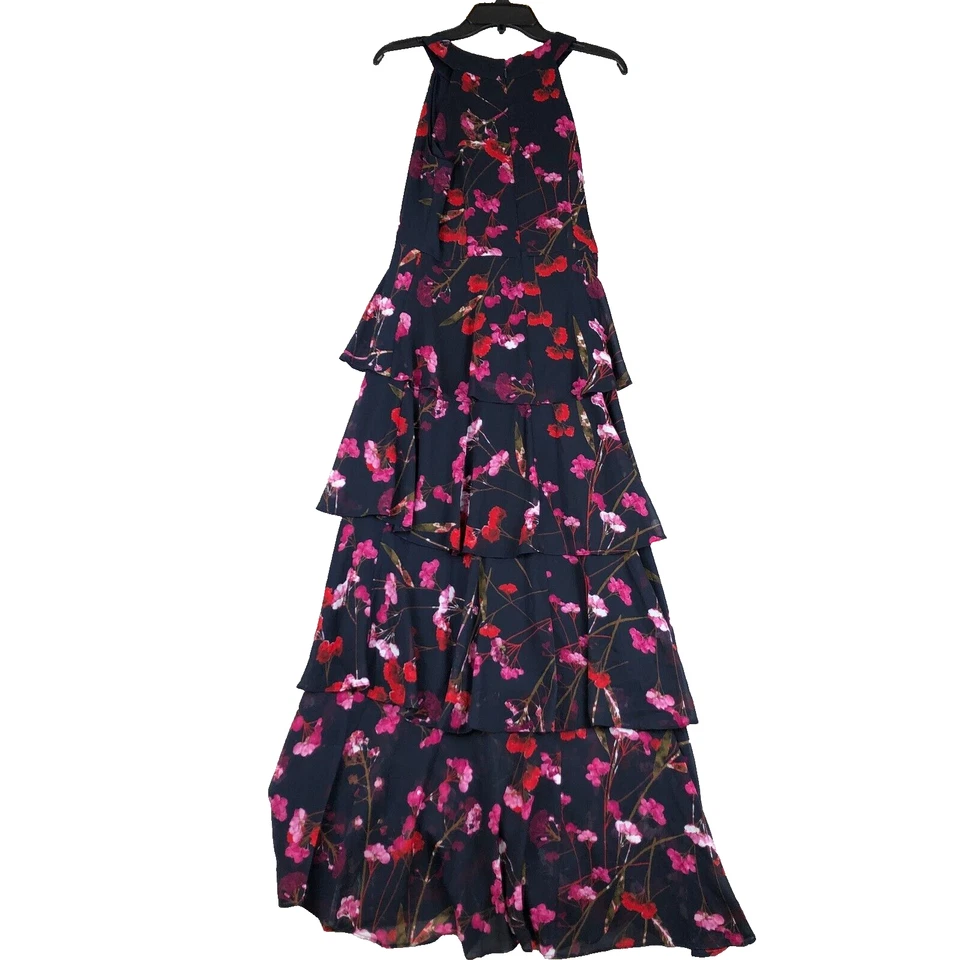 Maxi Vestido Tommy Hilfiger Azul Marino Floral Rojo Rosa Halter en Niveles Fluido Hada NUEVO Foto 4 de 4