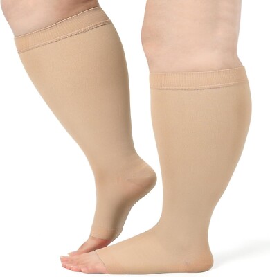 XXL Plus Size Compression Socks 20-30 mmHg Wide Calf Open Toe Compression BEIGE