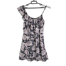 Black & Pink GUESS Dress Floral Print One Ruffle Shoulder Elastic Round Neck M