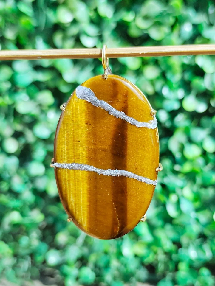 Pingente de pedra preciosa olho de tigre folha de prata Kintsugi refeito pela arte corrente folheada a ouro - Imagem 4 de 4