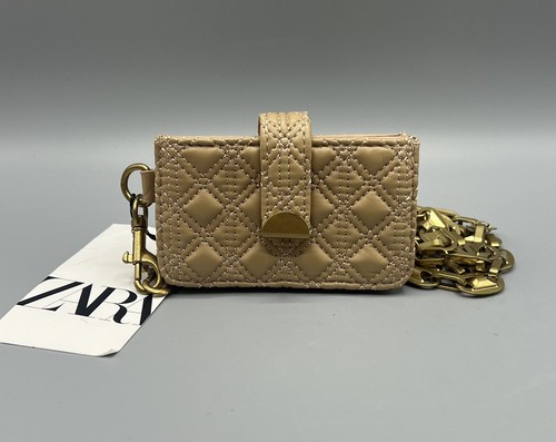 Zara Tan Card Case With Gold Chain Crossbody Mini