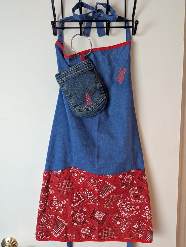 Handmade VTG Apron And Oven Mitt Red And Blue Paisley Bandana With Cats