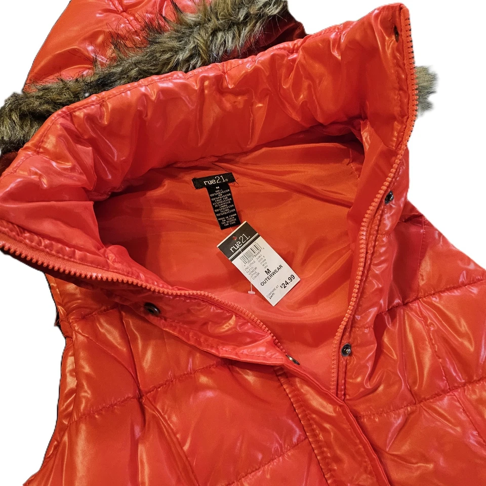 Women's Fur Trimmed Hooded Puffer Vest Vivid Orange SZ M Y2K 90's Retro Outdoors - Image 2 of 4