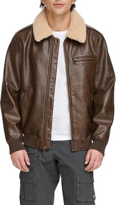 Men s Brown Sheepskin Leather Bomber Jacket with Shearling Collar Aviator Style