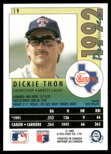 1992 O-PEE-CHEE PREMIER DICKIE THON TEXAS RANGERS #19 - Picture 2 of 2
