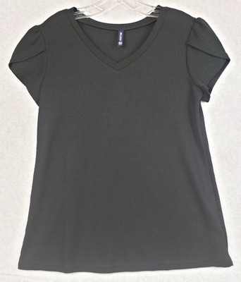 Iwollence Top Womens M Black Waffle Knit Flutter Sleeve V Neck Stretch Casual