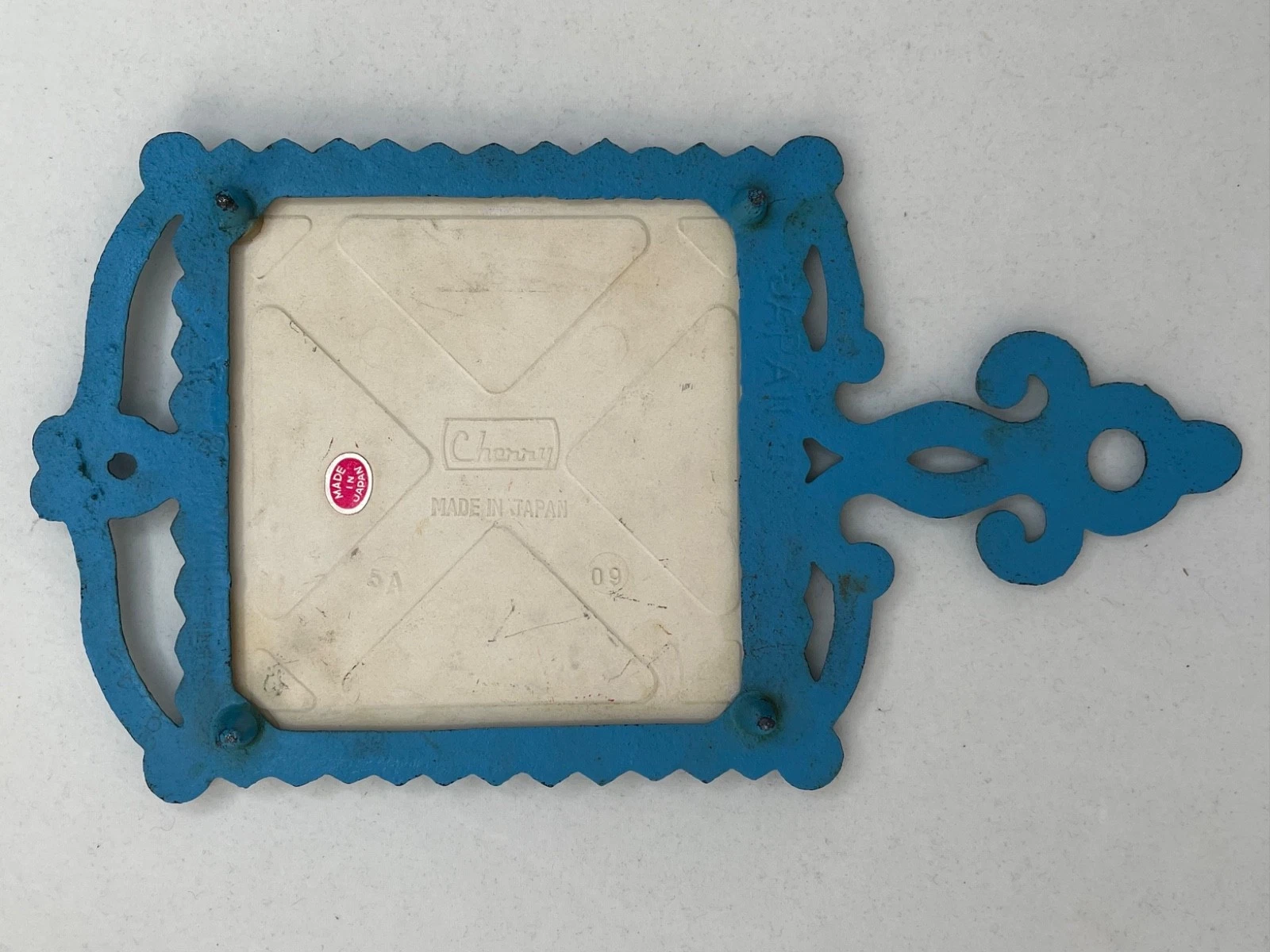 Vintage Cherry Japan Ceramic Tile Cast Iron Trivet Bluebird Folk Art MCM 1970s - product detail image 4