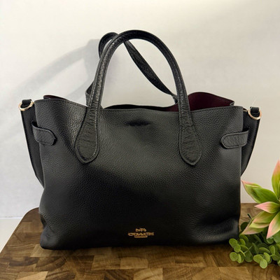 Coach Black Pebbled Satchel Tote Medium Gold Hardware Burgundy Lining Zip Strap