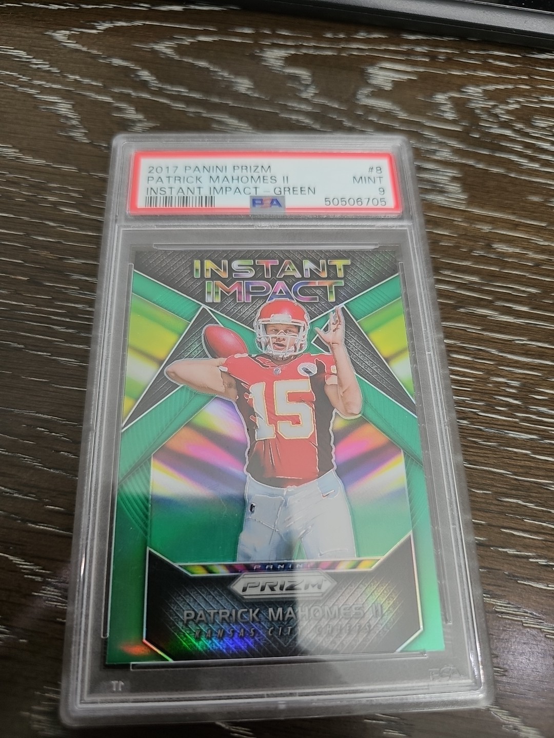 2017 Panini Prizm PATRICK MAHOMES II RC Instant Impact- Green SSP #8 PSA 9
