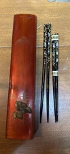 VTG Black Lacquer Mother of Pearl Abalone Inlay Chop Sticks 2 Sets 4 Chopsticks