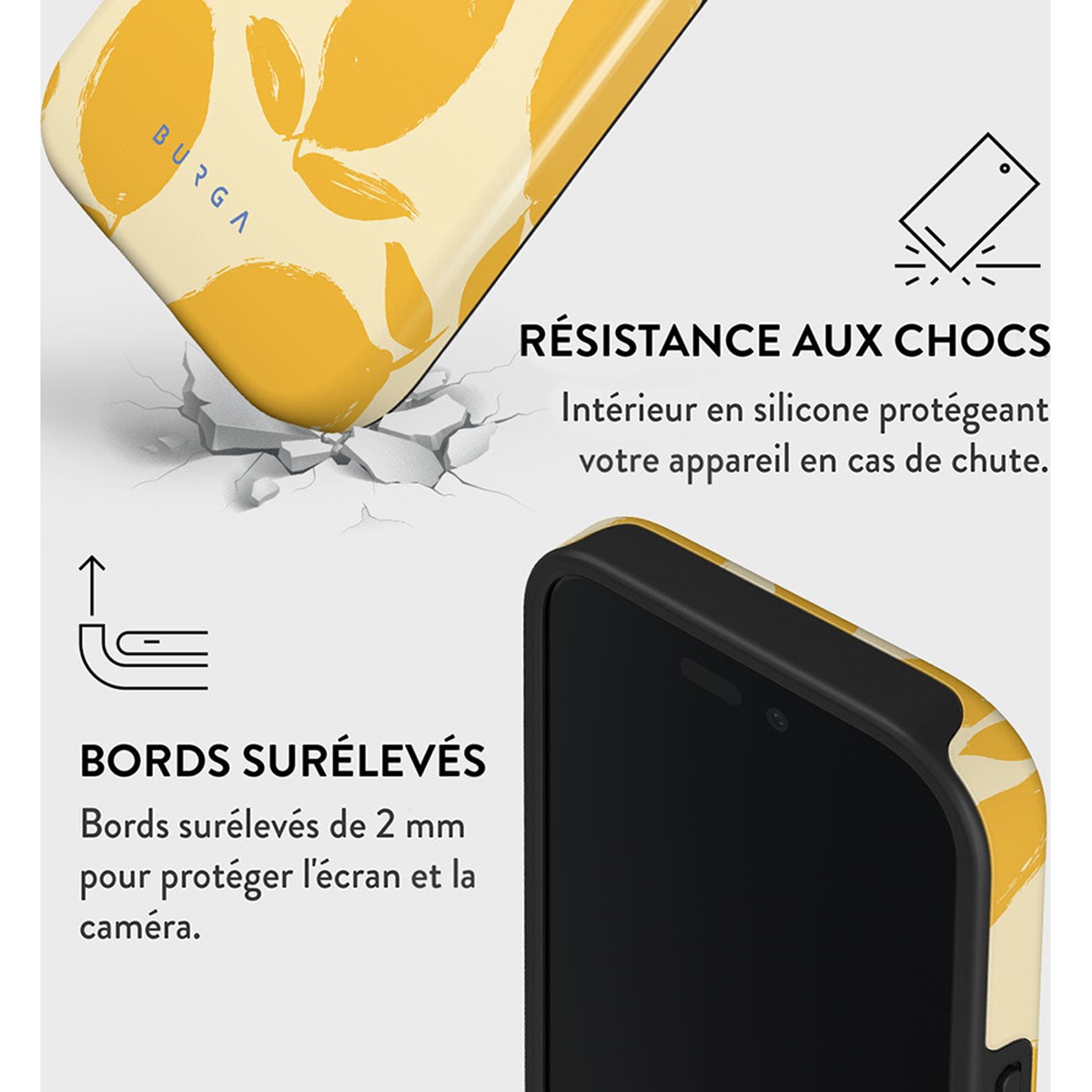 Coque iPhone 16 résistante aux chocs double couche jaune Burga