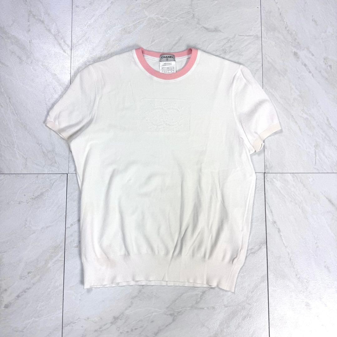トップス CHANEL coco mark ringer knit sweater USED CHANEL SHORT SLEEVE STRETCH KNIT COCO MARK RINGER T-SHIRT