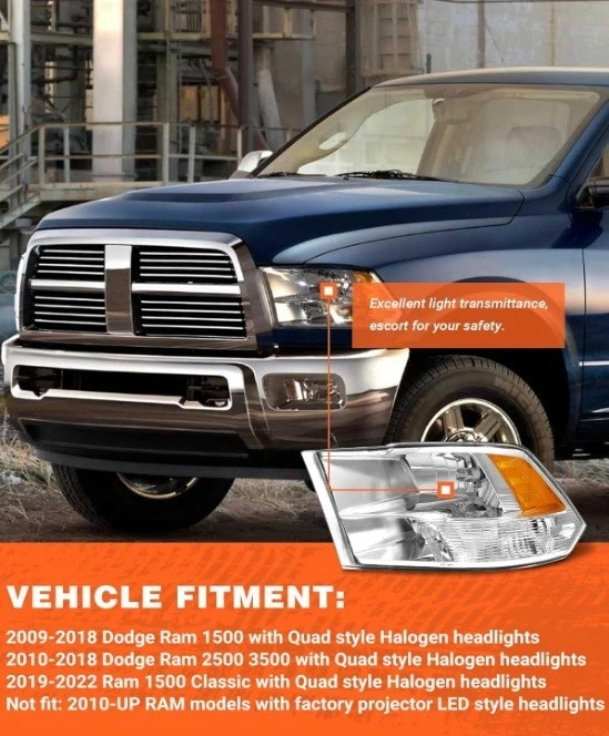 Headlight Assemblies 2009-18 Dodge Ram 1500 10-18 Ram 2500/3500 Quad Beam Style Foto 2 de 4