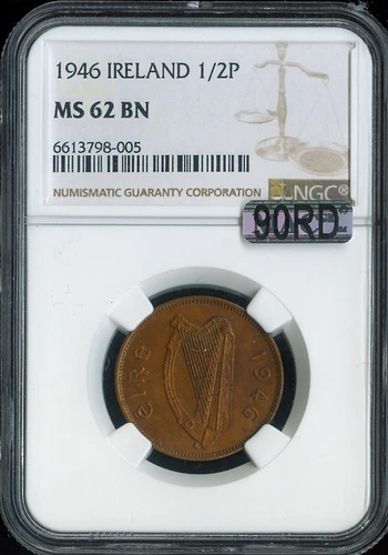 1946 Ireland Half Penny 1/2p NGC MS62 BN Quality