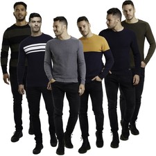 Mens Crew Neck Jumper Knitwear Wool Or Cotton Sweater Knitted Casual Pull Over 