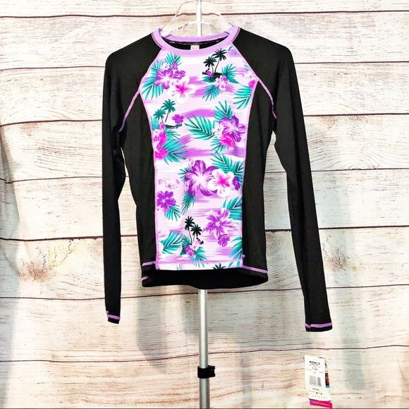 NWT ZX Sport Black and Purple Floral Rash Guard Size L | eBay