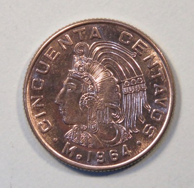 1964 Mo Mexico 50 Centavos Unc World Coin Copper Nickel fifty cents Eagle Reeded