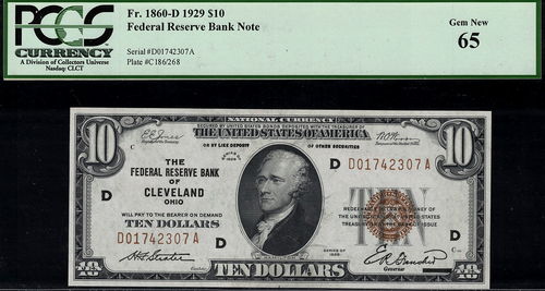 1929 $10 Federal Reserve Bank Note - Cleveland - FR.1860-D - Graded PCGS 65 - Picture 1 of 2