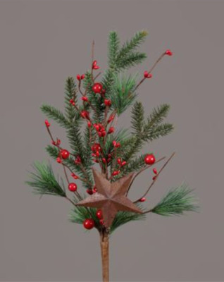 18  PINE SINGLE BRANCH SPRAY PICK WITH LARGE RUSTY STAR & RED BERRIES