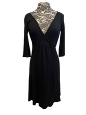 Michael Stars Surplice Dress Faux Wrap Black Stretchy 3/4 Sleeve V-Neck One Size