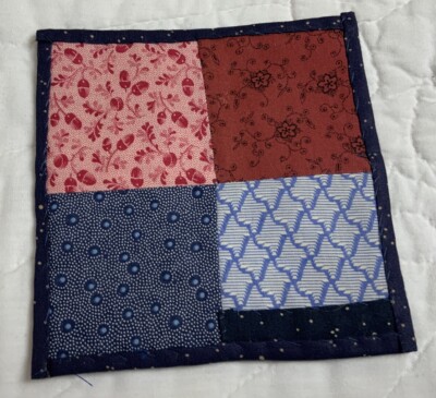 Antique Vintage Patchwork Quilt Table Topper, Small, Four Patch, Blue, Pink, Red
