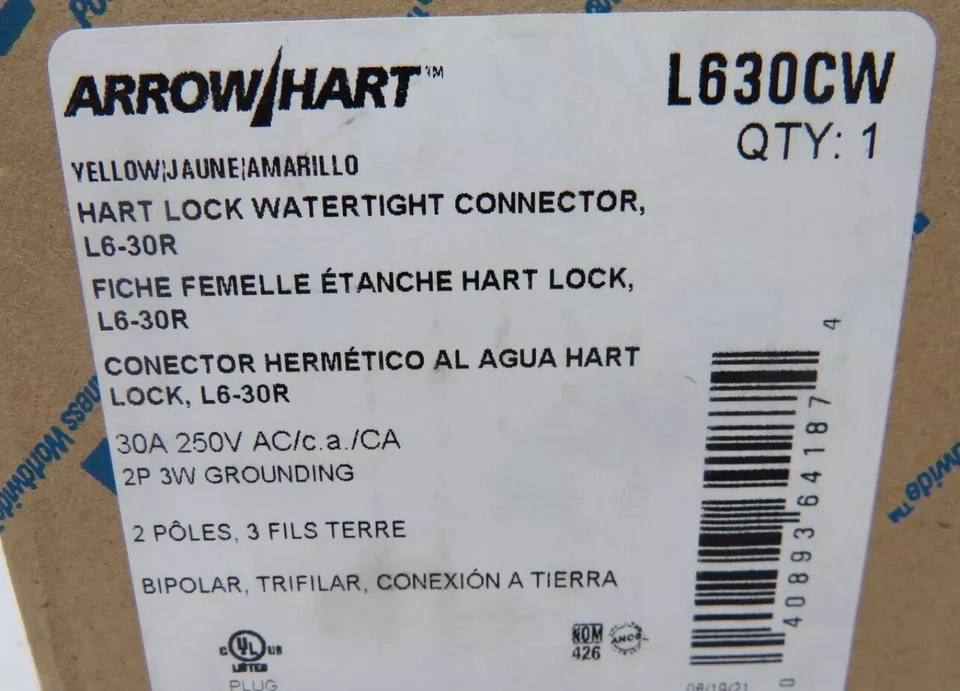 Eaton Arrow Hart L630CW Hart Lock Watertight Connector 30A 250VAC 3W 2P NEW!  AG - Image 2 of 2