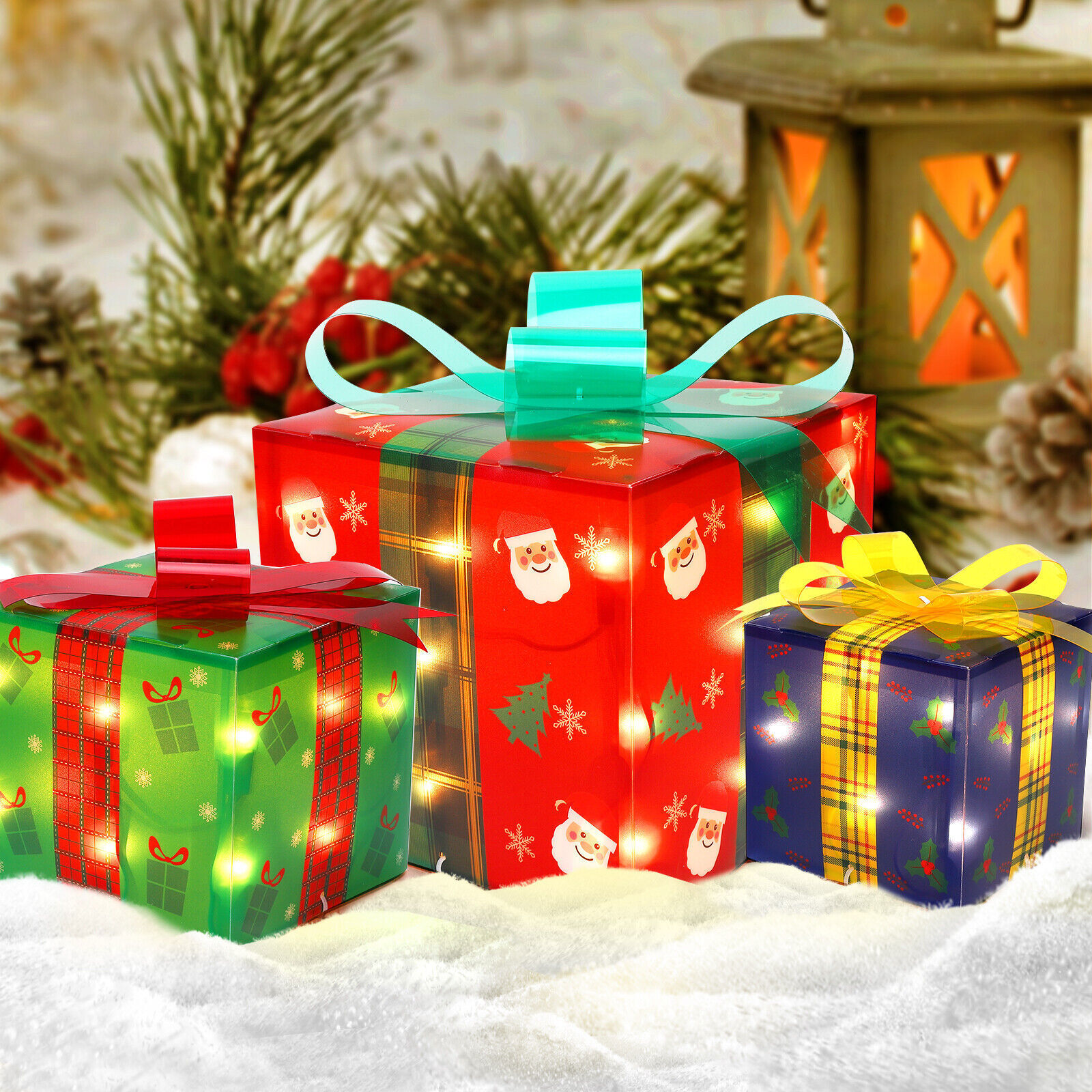 Christmas Lighted Gift Boxes Set Of 3 With Plug Pre-Lit 50 Led Lights Home  Decor | Ebay