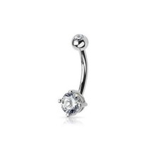 Navel Ring with Cz Gem 14K Solid White Gold