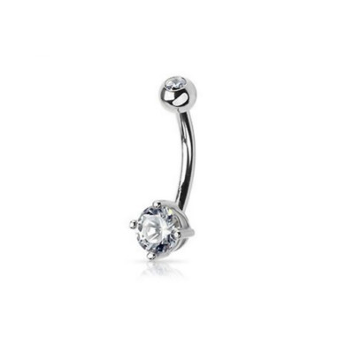 Navel Ring with Cz Gem 14K Solid White Gold