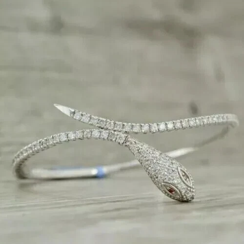 Lab Created Round Diamond Women's Snake Bangle Bracelet 14K White Gold Plated 7" - Image 3 of 4