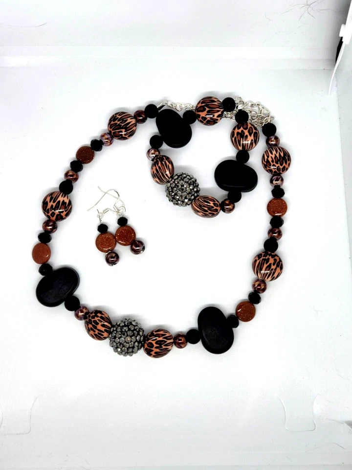JUEGO DE PULSERAS COLLAR Cuentas Leopardo Hecho a Mano Vidrio PIEDRA ARENISCA Cuentas H1 Foto 3 de 4