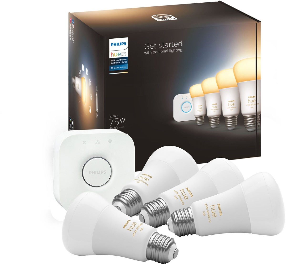 Philips Hue White Ambiance A19 LED Smart Light Bulb Starter Kit - 4 Pack