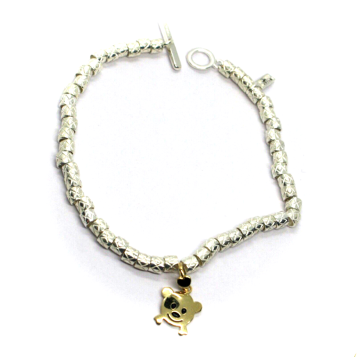 Silber Armband 925, A Würfel Und Anhänger Gelbgold 9K, Bär, 18 CM