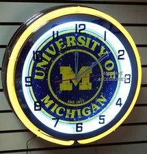 18" University of MICHIGAN Wolverines Sign Double Neon Clock Go Blue U of M
