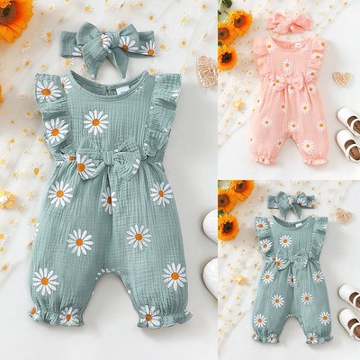 Baby Mädchen Blumen Rüschen Einteiler Strampler Ärmellos Jumpsuit mit Stirnband