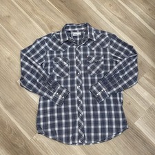 Wrangler Wrancher Shirt Mens Large L Blue Plaid Pearl Snap Western Long Sleeve