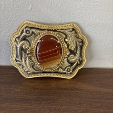 Vintage Western Brass Belt Buckle with Oval Agate Stone