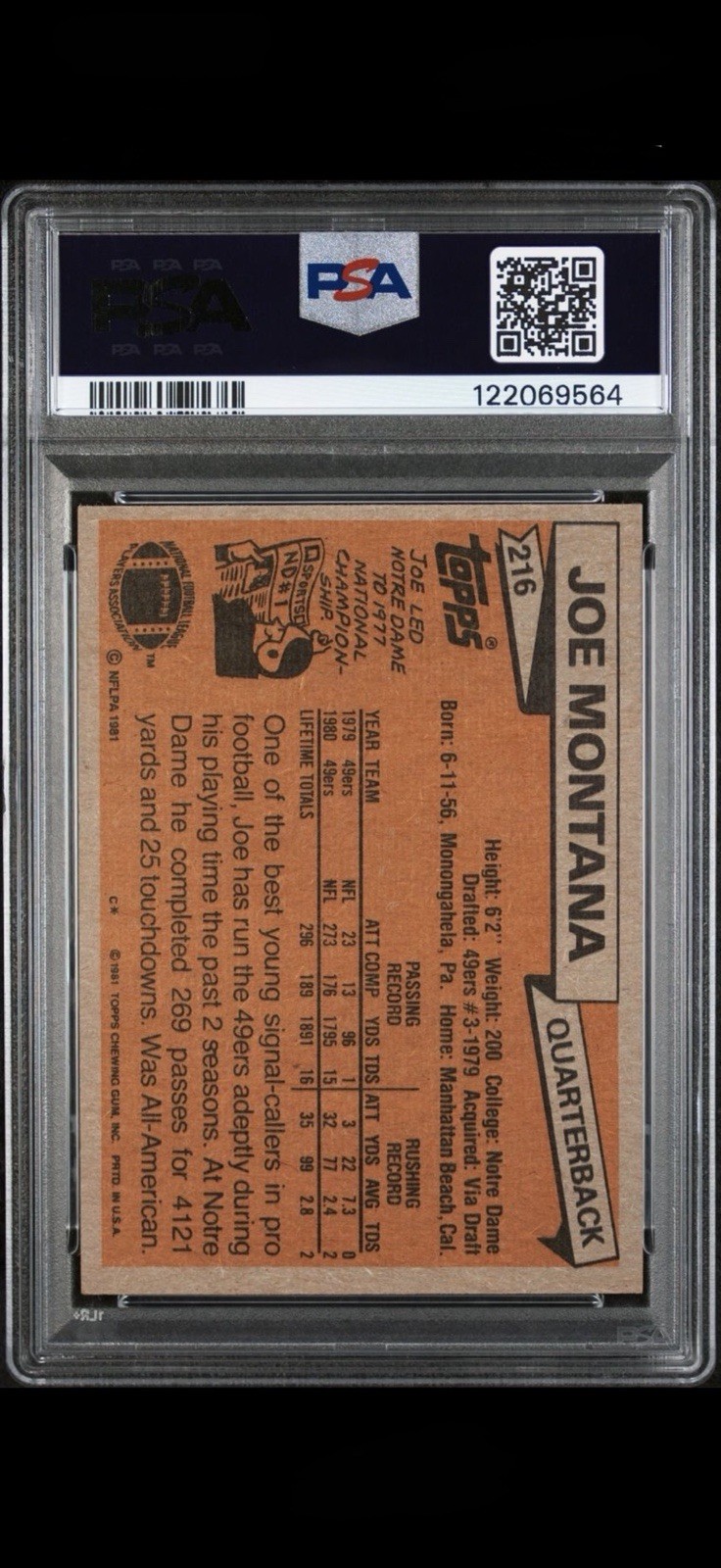 Topps 1981 Joe Montana #216 RC San Francisco 49ers PSA  view 2
