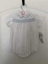 Vintage White/blue Boys Bubble Romper 18mos Smocked Embroidered Baby Outfit NWT