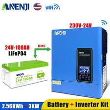 3KW 24V Solar Inverter Hybrid 110V WIFI 25.6V 100AH Lithium Battery LiFePO4 US