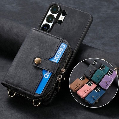For Samsung Galaxy S26 S25 S24 S23 Crossbody PU Leather Zipper Wallet Case+Strap