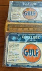Unrolled Gulf Lube Oil Vtg lot x2 flat factory Quart Can Advertise GULFLUBE sign
