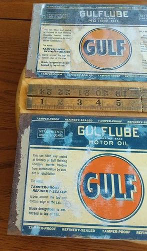 Unrolled Gulf Lube Oil Vtg lot x2 flat factory Quart Can Advertise GULFLUBE sign