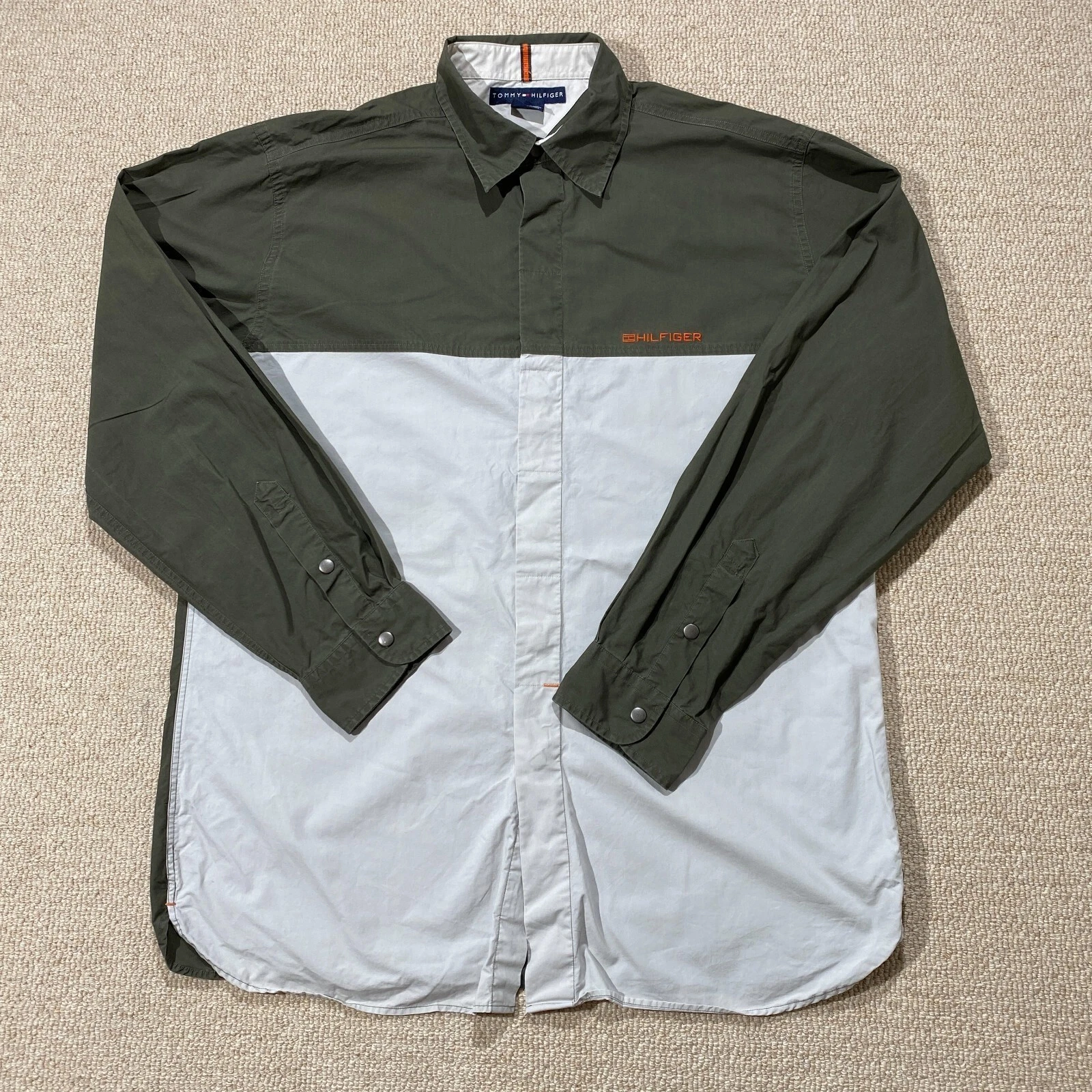 Tommy Hilfiger Shirt Mens Large Olive Green Beige Tan Tech Outdoor Hiking Style