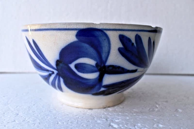 Antik Mouzin Lecat Nimy Belgium Blau Blumenmuster Fayence Cafe Schale Crazed - Bild 1 von 4