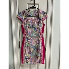 Huaziyun Women Pink Floral Paisley Sheath Dress Square Neck Short Sleeve Sz S